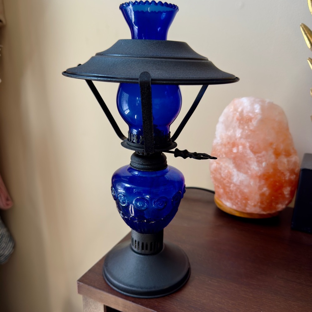 Antique Kerosene Oil Lamp Cobalt Blue Glass Chamber Hong Kong 1920’s